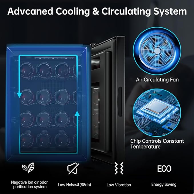 KingChii 16 Bottle Wine Cooler, Freestanding Wine Fridge with Glass Door, Adjustable Shelves & Digital Temperature Display Wine Refrigerator for Red, White, Champagne - Perfect for Home, Kitchen, Bar