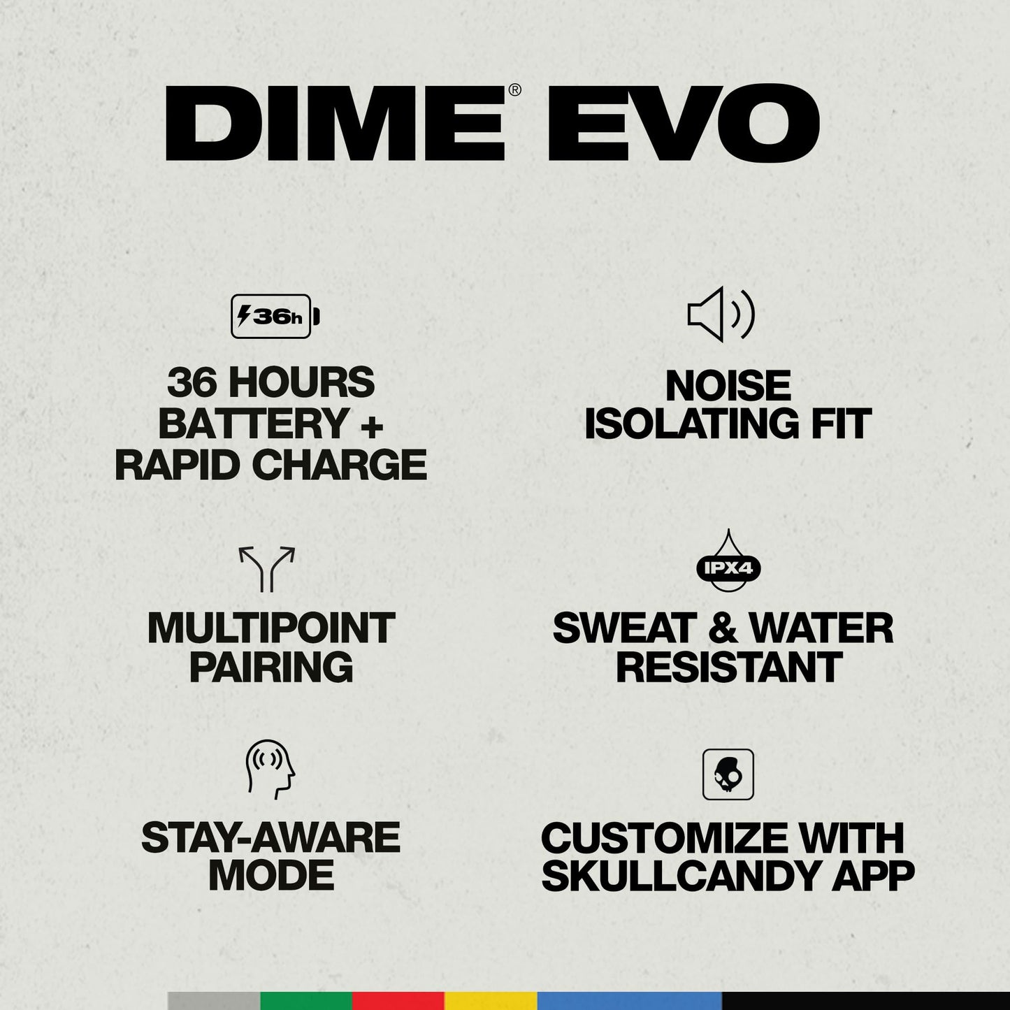 Skullcandy Dime Evo Wireless Earbuds, Bluetooth Headphones, Noise Isolating Fit, Up to 36 Hours Battery, Microphone for iPhone Android, Easy Carry with Clip-Anywhere Case - True Black
