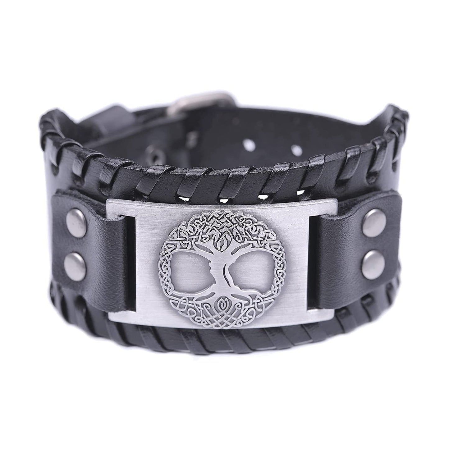 HAQUIL Viking Bracelet for Men, Tree of Life Yggdrasil Talisman, Nordic Black Wide Leather Wristband, Viking Jewelry Gifts