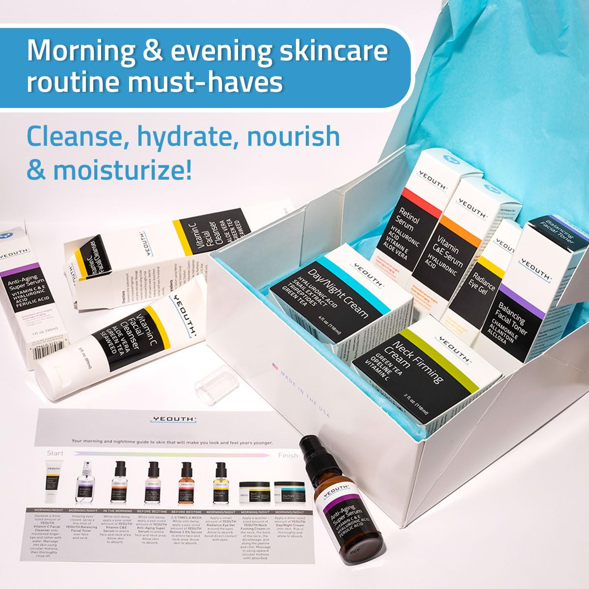 YEOUTH Skin Care Set: Retinol Serum for Face with Hyaluronic Acid, Vitamin C Serum, Face Serum, Cleanser, Toner, Eye Gel, Neck Cream, Face Cream, Gifts for Women & Men, Self Care Routine 8-Piece