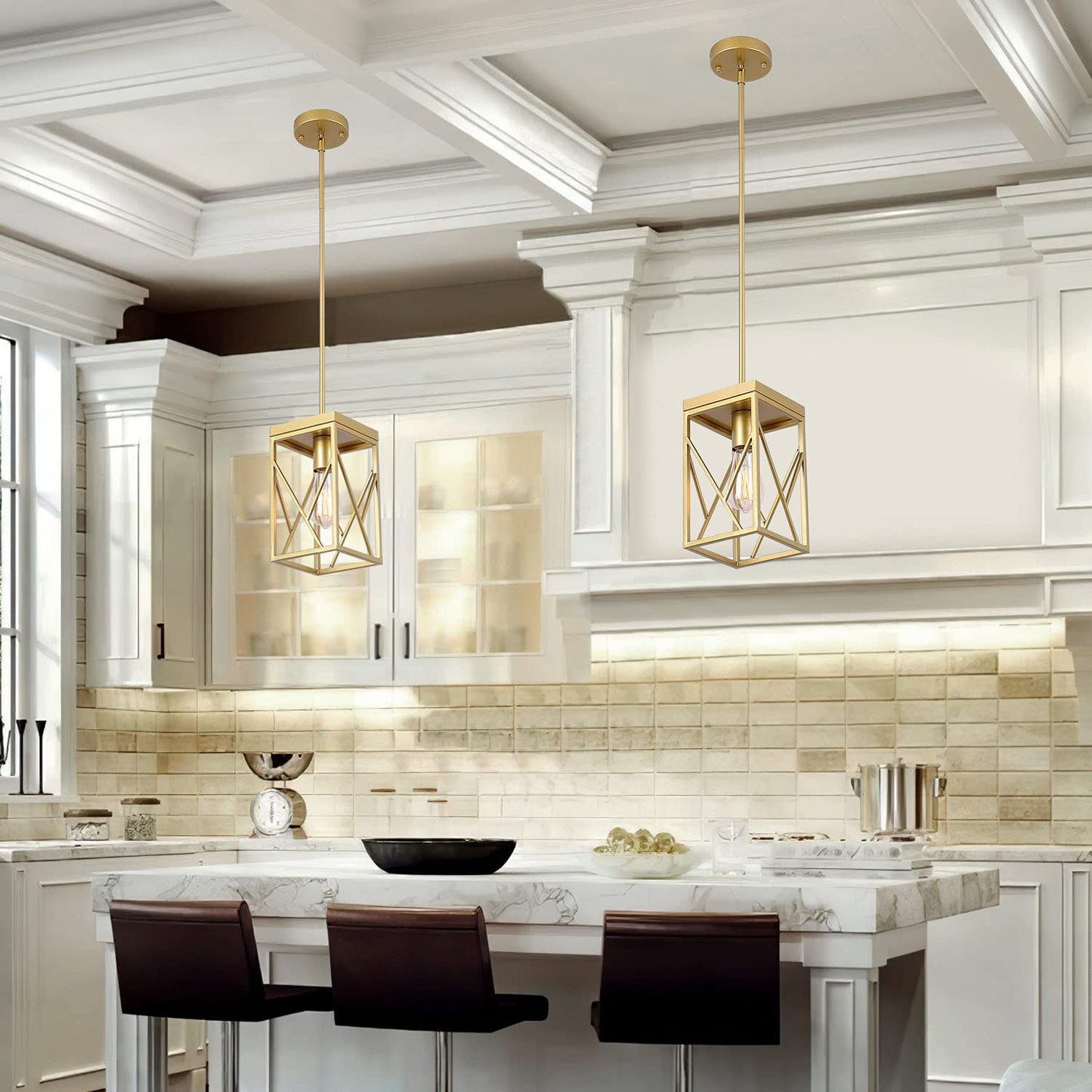 Fivess Lighting Modern Gold Pendant Light, Metal Cage, One-Light Adjustable Rods, for Kitchen Island, Cafe Bar, Model 6974443065800