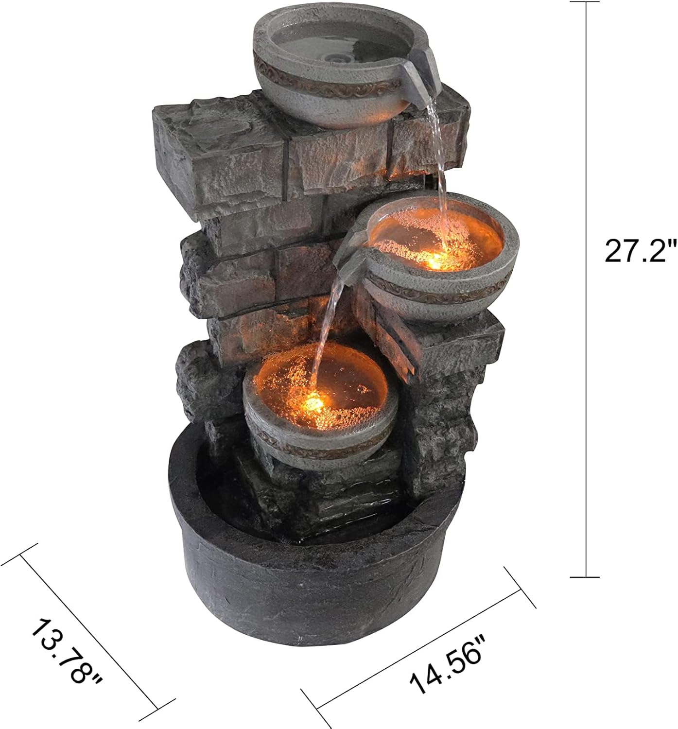 Cheng Pin Water Fountain Outdoor - 28 Inch Tall Cascading Bowls and Stacked Stones Design, Create Relaxing Waterfall Flow Water Feature for Outside Garden, Patio, Backyard