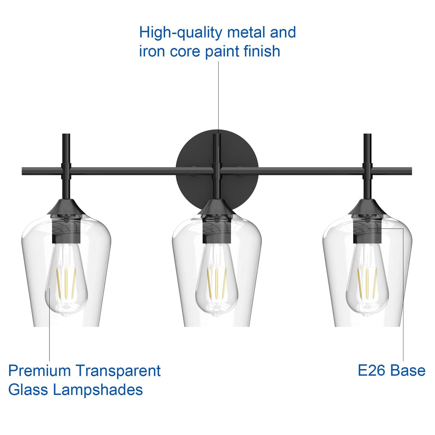 Ralbay Bathroom Vanity Light Fixture, 3-Light, Matte Black, Clear Glass, Vintage Edison Style, Model 2031