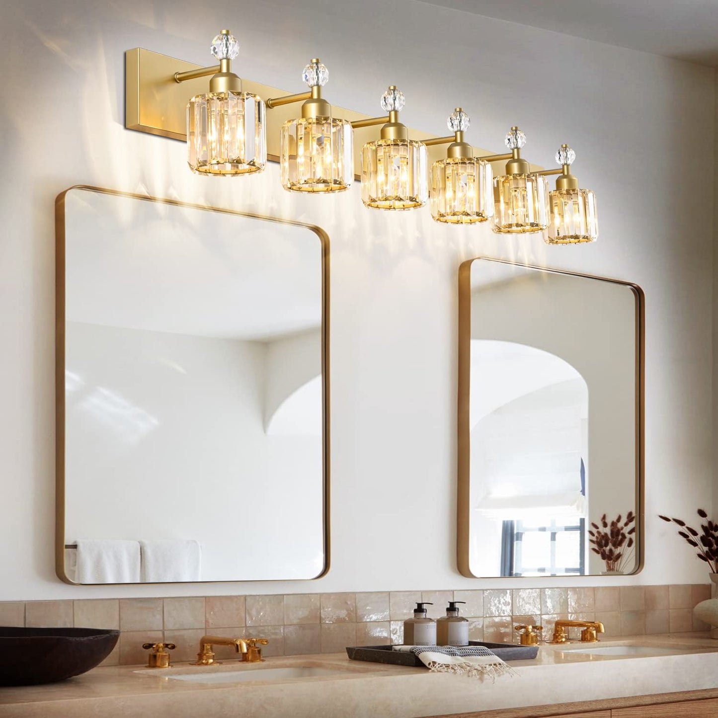 PRESDE 6-Light Bathroom Vanity Light Modern Gold Crystal Fixtures Over Mirror, Stainless Steel, Gold Finish