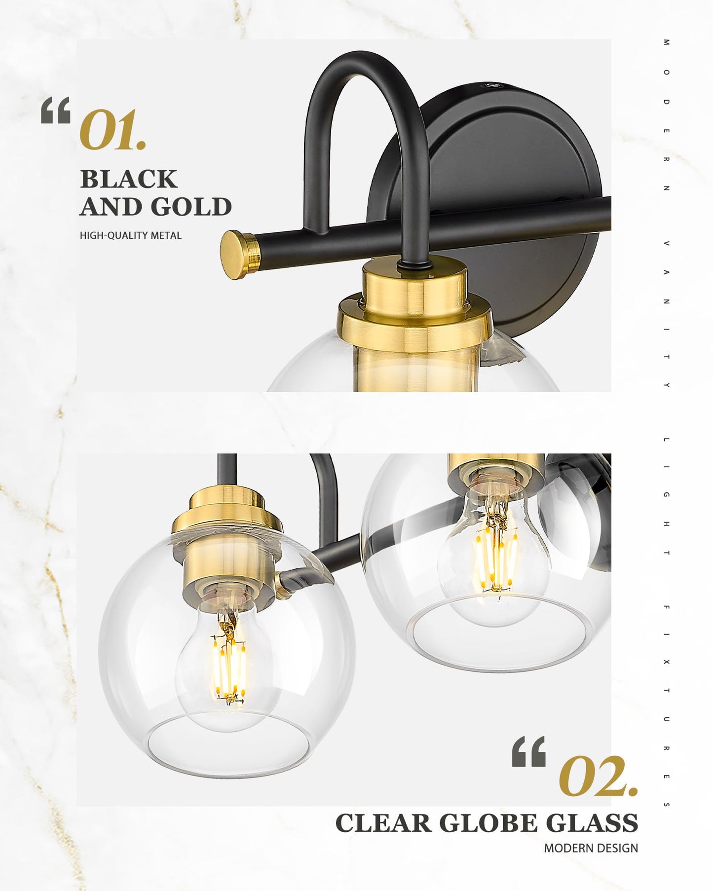 Audickic Bathroom Light Fixtures  3-Light Black And Gold Vanity Lights With Globe Clear Glass  Modern Vanity Lighting Fixtures Over Mirror  Ad-22280-3W-Kg