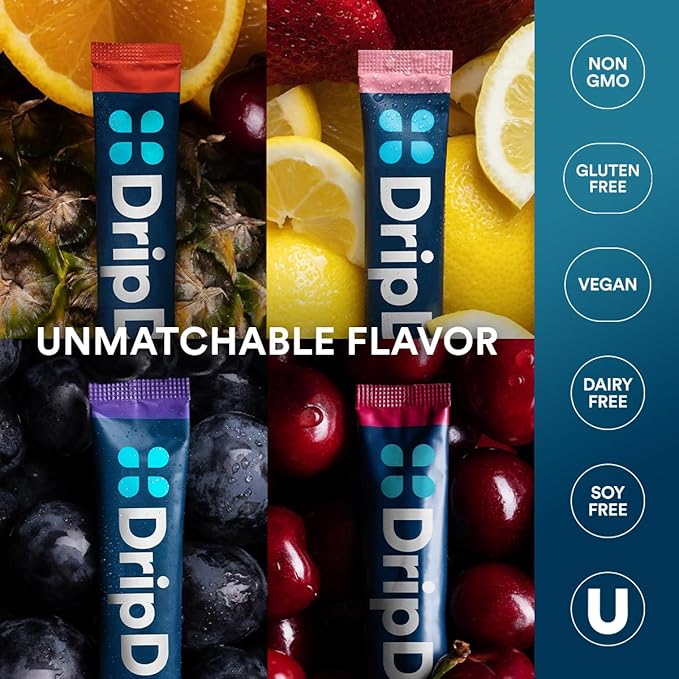DripDrop Hydration Packets - Juicy Variety Pack - Single Serve Electrolytes Powder Drink Mix - Grape, Fruit Punch, Strawberry Lemonade, Cherry - Non-GMO, Gluten Free, Vegan - 32 Sticks