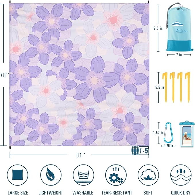 Beach Blanket Sandproof Waterproof 78''×81''1-5 Adults Oversized,Compact Lightweight Durable Beach Mat for Travel Camping Hiking Picnic Blanket