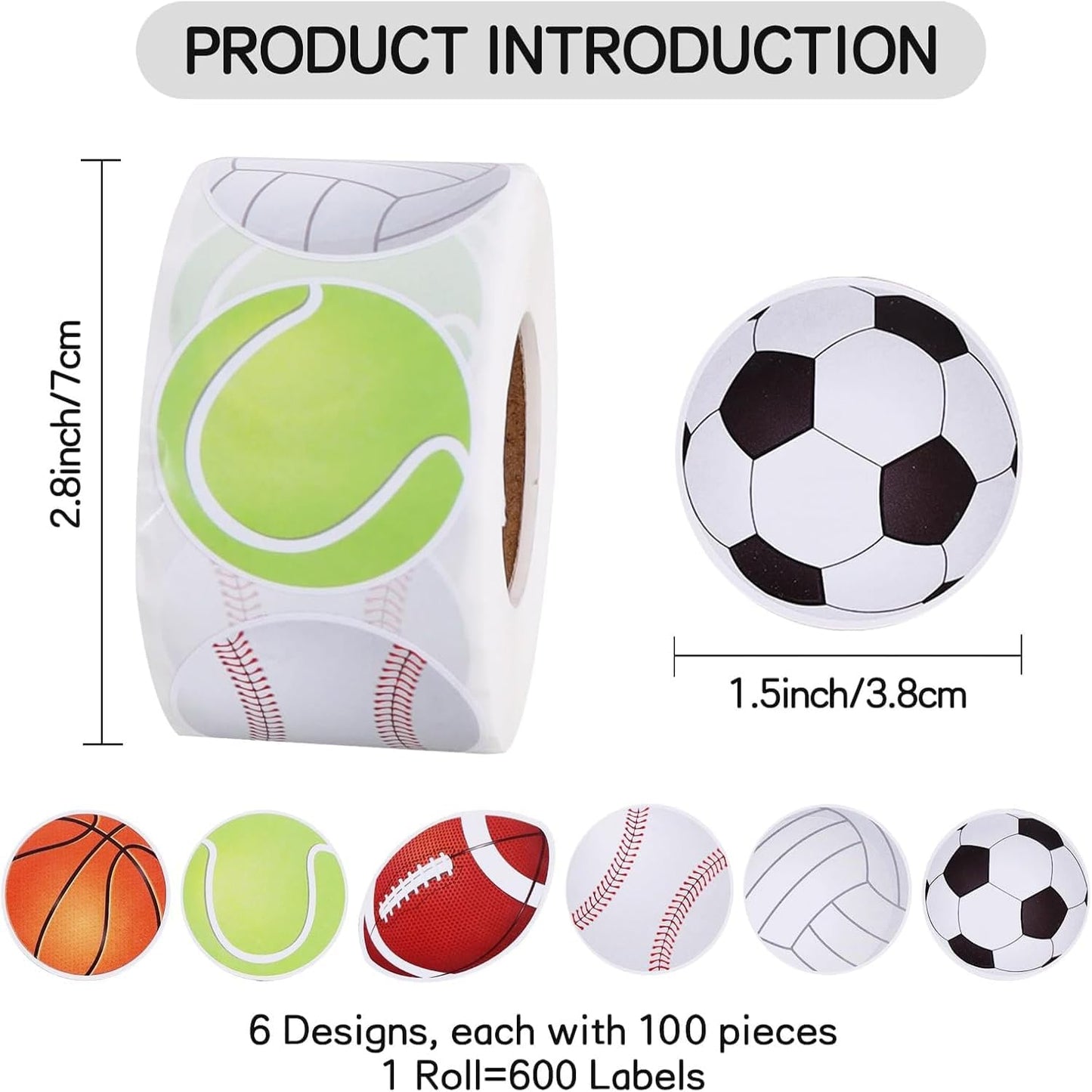 Vuzvuv 600 Pcs Sport Ball Stickers for Gift Bag Envelope Seal,Self-Adhesive Sports Ball Sticker Labels Roll for Home School Sports Themed Party Decor