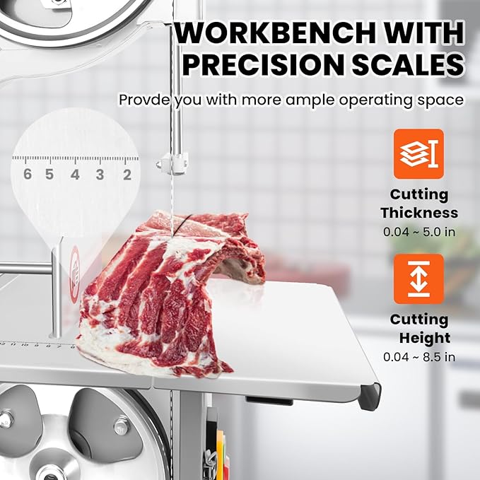Commercial Bandsaw Machine, 1500W Electric Bone Saw Machine, 19x14" Stainless Steel Worktable, Cuts 0.04-5.0" Thickness, Frozen Meat Cutter with 8 Blades Included, for Rib Pork Beef