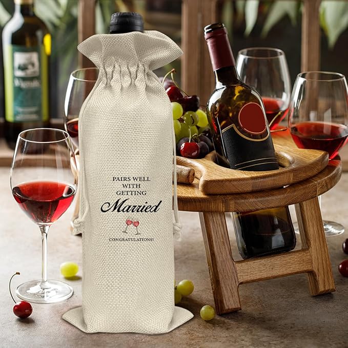 HOIJAUMAI Wedding Gift Wine Bag, Wedding Gift for Mr and Mrs, Engagement Gifts for Couples, Pairs Well with Getting Marriage Burlap Drawstring Wine Bag