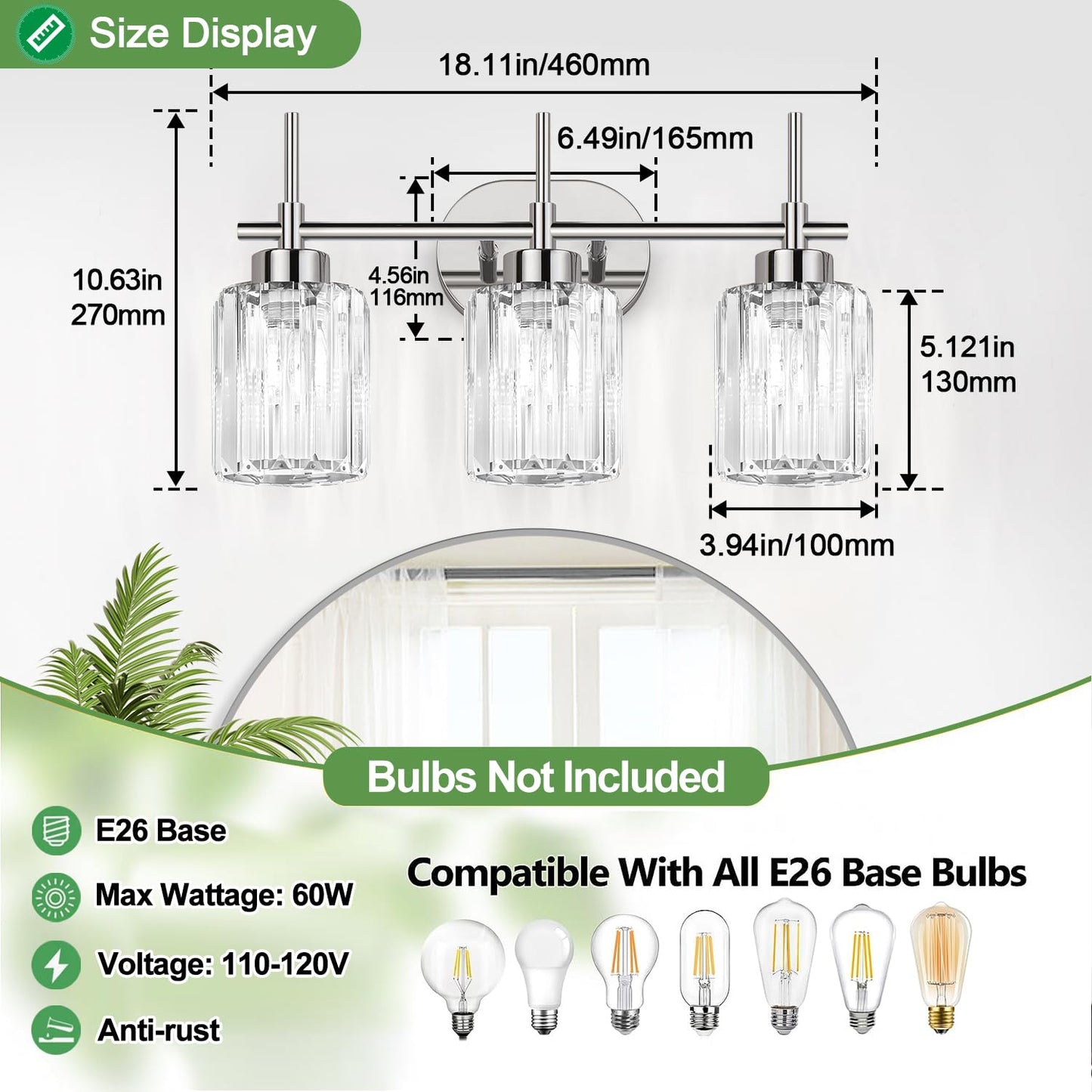 Meybiok Modern Crystal Bathroom Vanity Light, 3-Light Chrome Vanity Light with Clear K9 Crystal Shades, Bathroom Light Fixtures Over Mirror (Bulbs Not Included)