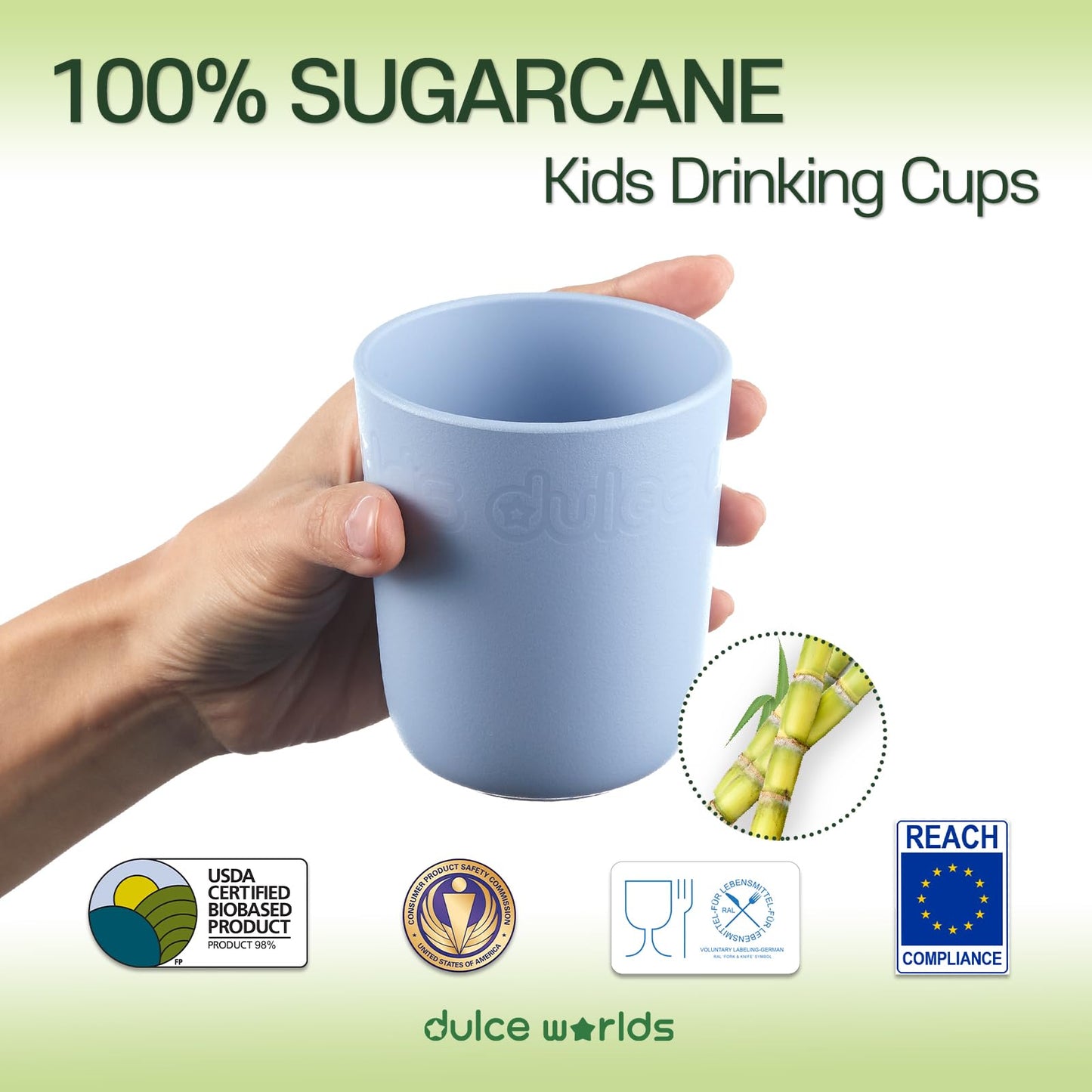 Dulce Worlds SUGARCANE Kids Cups 10 oz - 5 Pack, USDA & LFGB Certified Toddler Cups - BPA Free - Dishwasher Safe, Reusable, Unbreakable - Multi