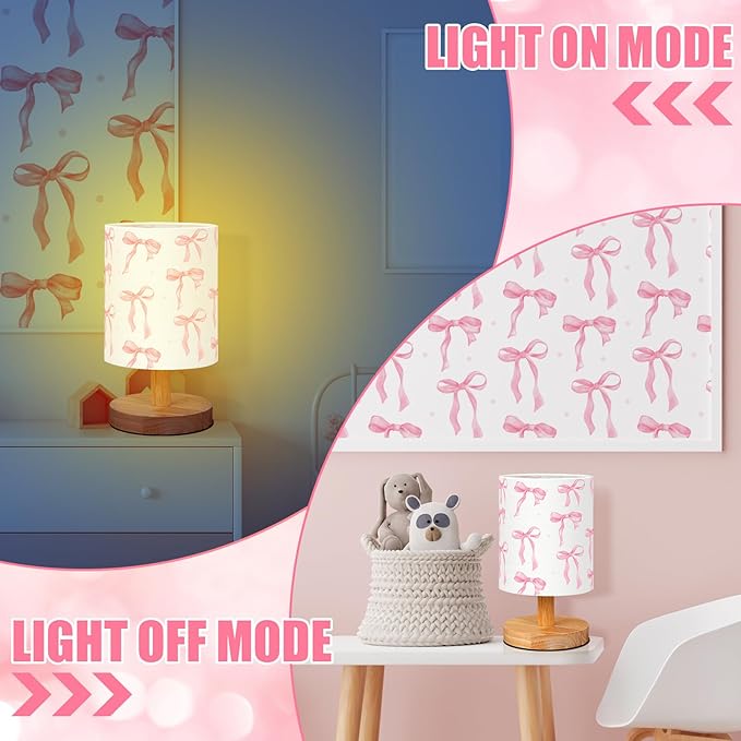 VIHOSE Bow Kids Table Lamp for Bedroom Kids Bedside Lamp with Linen Wooden Nightstand Cartoon Nursery Lampshade for Girls Boys Living Room