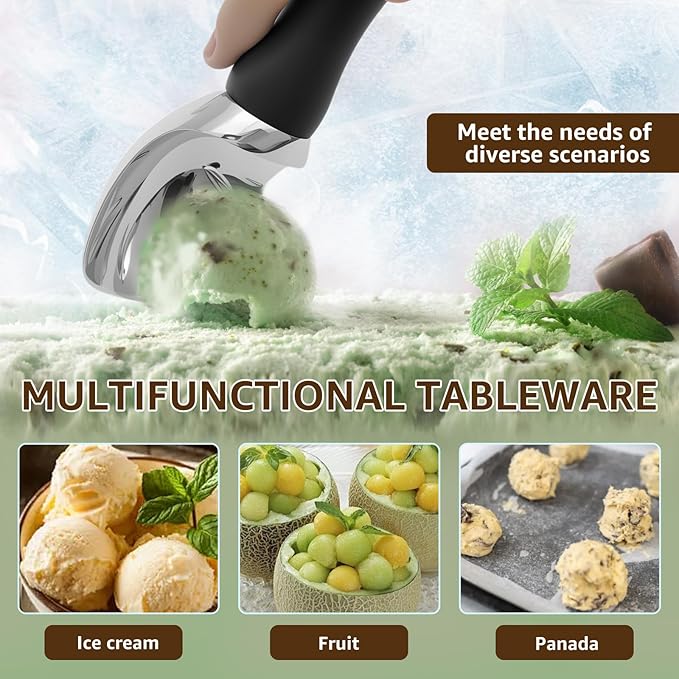 2Pcs Ice Cream Scoop with Ergonomic Soft Grip Handle Professional Ice Cream Scooper Multifunctional Cookie Scoop for Cookie Dough Gelato Sorbet Black