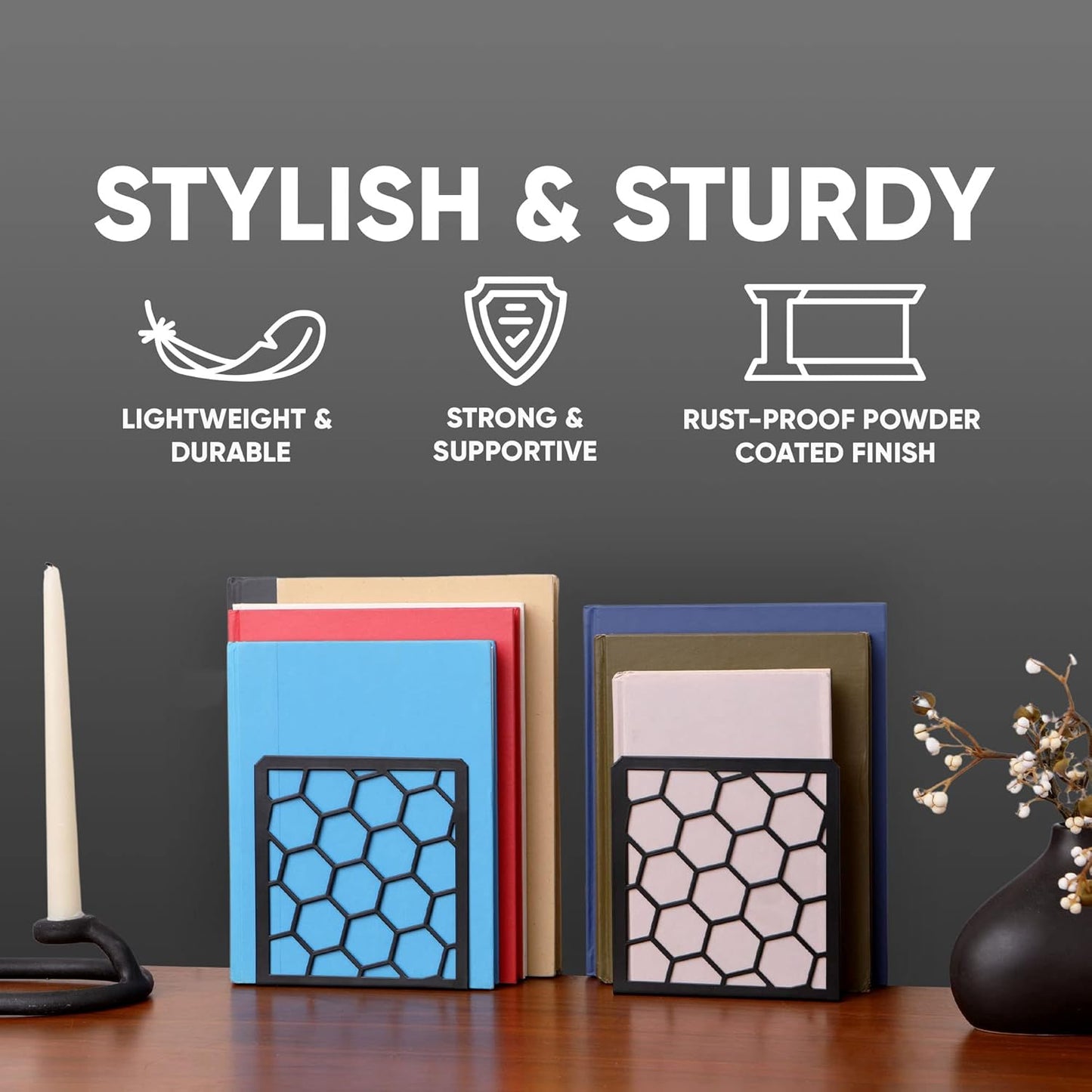 GEOMOD Geometric Honeycomb Black Metal Bookends Decorative - Tall Sturdy Book Ends for Shelves - Modern Heavy Duty Bookend Stopper - Office or Home Book Shelf Book Holder - 6x3.25x6.25 Inches - 1 Pair