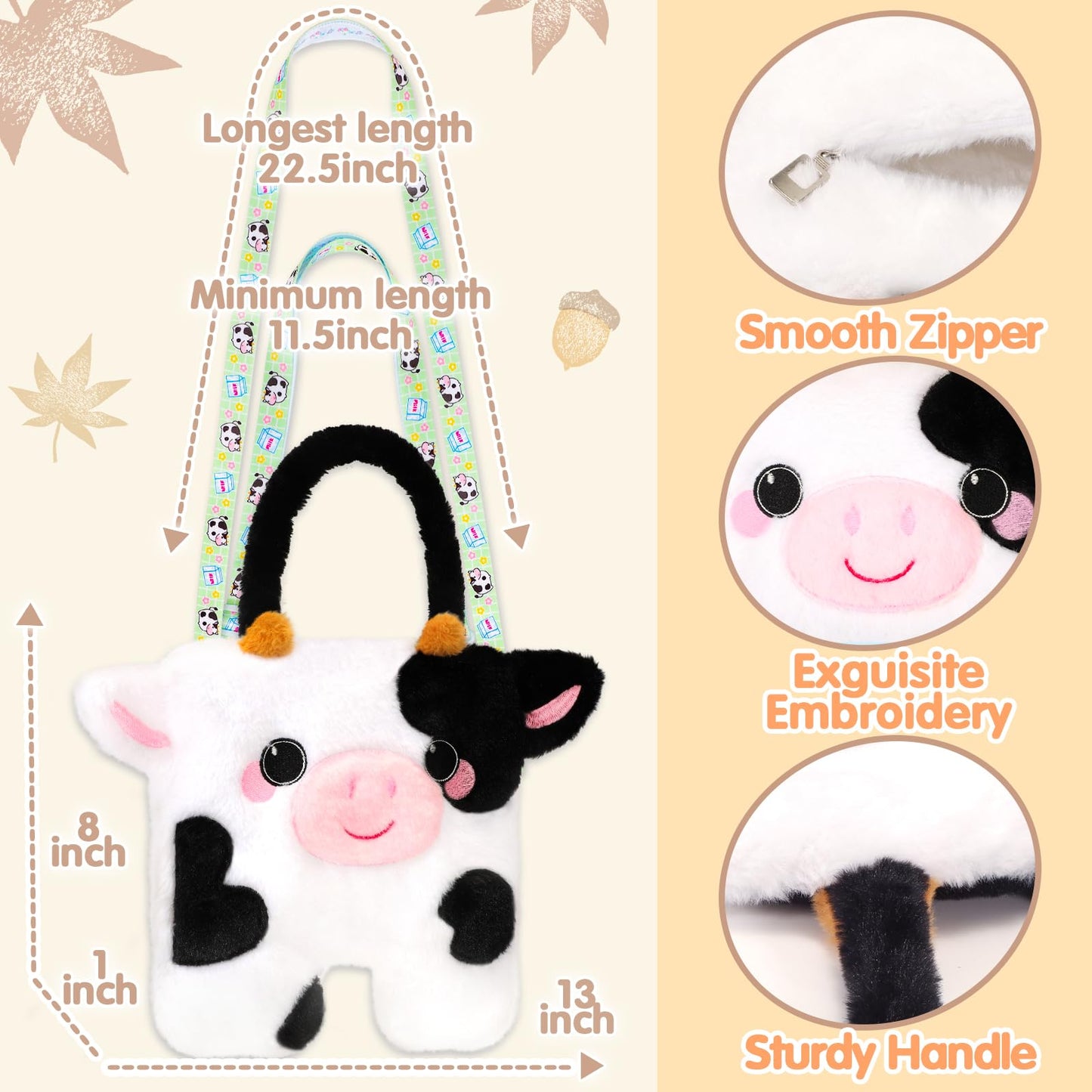 CatchCute Cow Plush Bag Crossbody Bag for Kids, Plush Handbag Tote Bag with Adjustable Strap,Soft Plush Cow Stuffed Purse with Zipper,Coin Pouch Accessories for Toddlers Kids