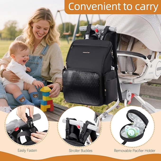 Stylish Baby Diaper Bag, Baby Bag with Changing Pad, Pacifier Case& Stroller Straps, Large Diaper Backpack Boy Girl, Water Resistant Travel Diaper Backpack for Mom Dad