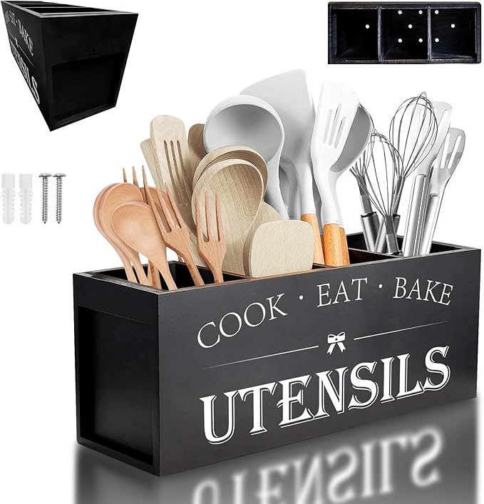 Kitchen Utensil Holder For Countertop With 4 Compartments - Kitchen Organizer Countertop, Extra Large Utensil Holder, Cooking Utensils Holder - Black