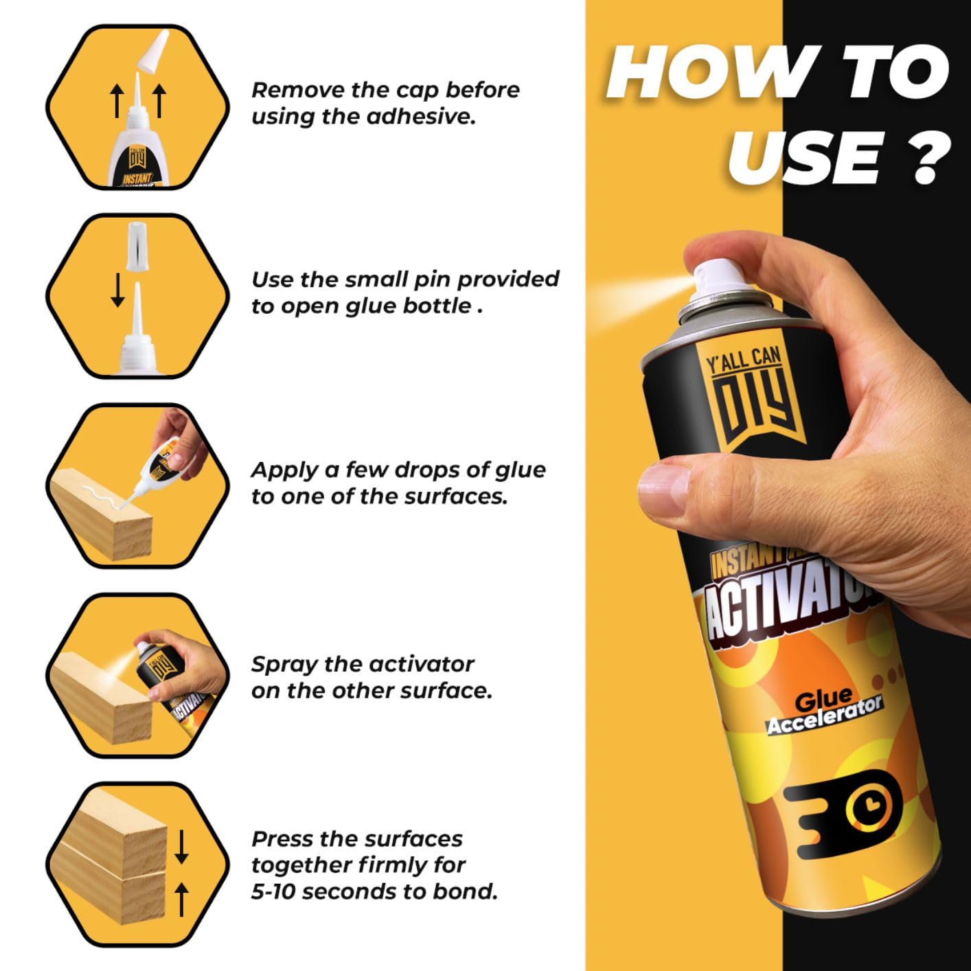 CA Glue with Activator (2 x 1.76 oz. + 2 x 6.76 fl oz.) - Industrial-Grade Cyanoacrylate Adhesive and Super Glue Accelerator for Woodworking, Crafts, DIY, and Repairs, Instant Glue Bond