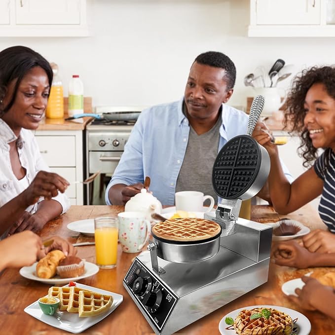 Commercial Waffle Maker, 1200W Stainless Steel Round Waffle Irons with Adjustable Temperature and Time Control, Non-Stick Design, Perfect for Home Kitchen, Restaurant, Bakeries