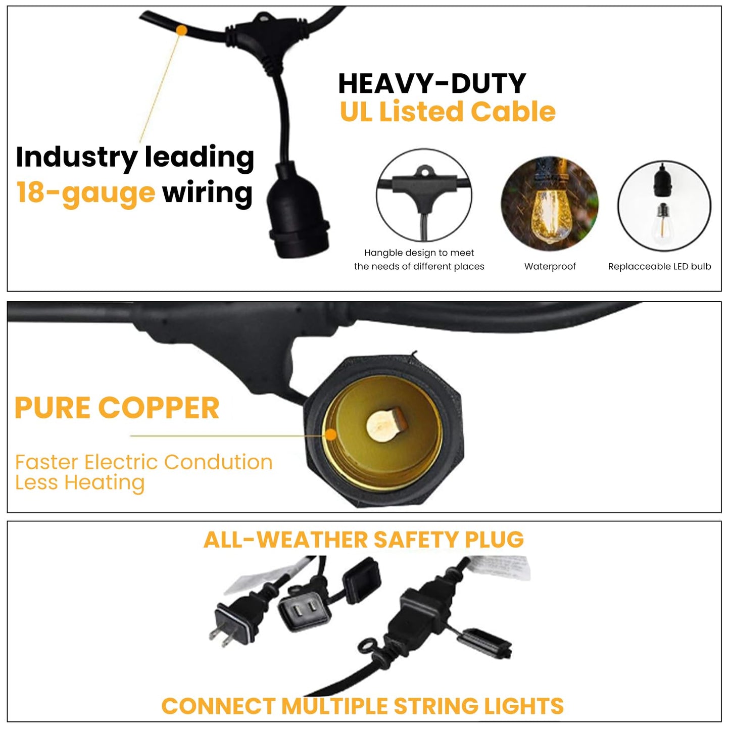 Svater Outdoor String Lights 48FT, Commercial Grade, 15 Edison Bulbs, Shatterproof, IP65 Waterproof, Warm White 2700K