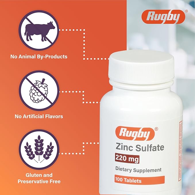 Rugby Zinc Sulfate 220 mg Tablets - Made with Zinc Sulfate Heptahydrate - Dietary Supplement - 100 Count (1 Pack)
