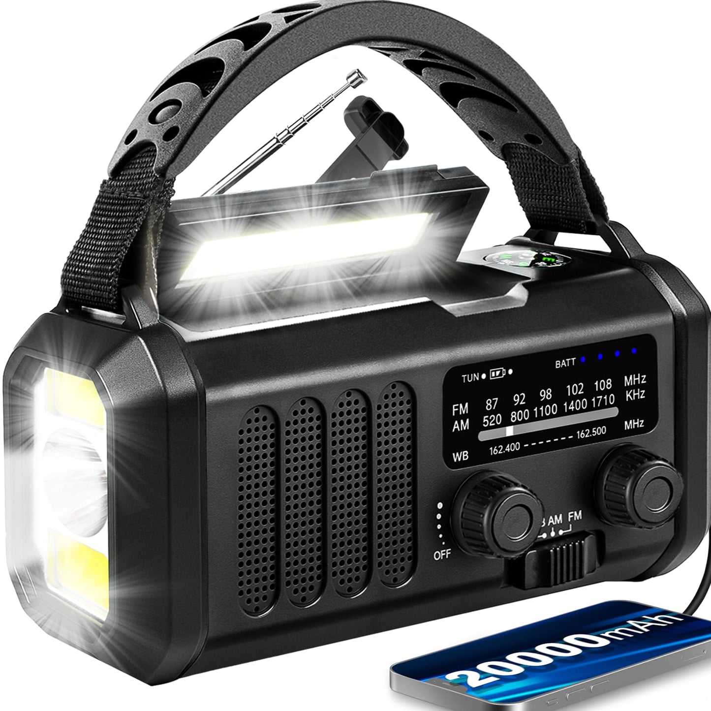 Emergency Weather Radio 20000Mah Noaa/Am/Fm With 74000Mwh Usb/Solar/Hand Crank Charging, Battery Operated, Sos Alarm & Flashligh