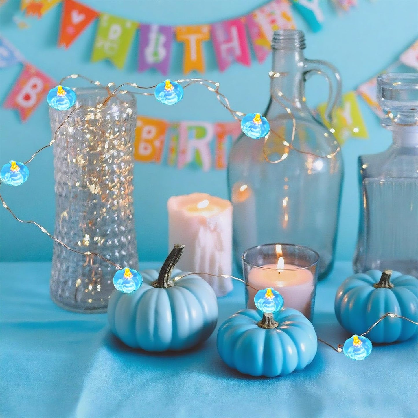 Glooglitter 2 Pcs Fall Thanksgiving String Lights 6.5 Ft Blue Pumpkin Lights String Baby Shower Decorations For Thanksgiving Halloween Indoor Window Tree Yard Porch Door Decor