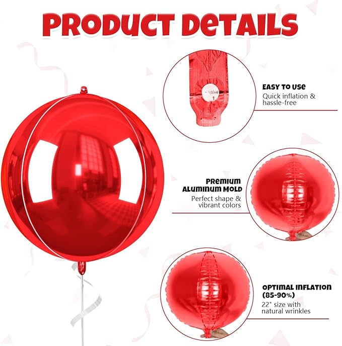 Red Blue Silver Giant 4D Foil Balloons, 6 Pcs Large Metallic Red and Blue Round Balloons, 22 Inch Big Round Foil Balloon for Birthday Party Baby Shower Graduation Wedding Decorations