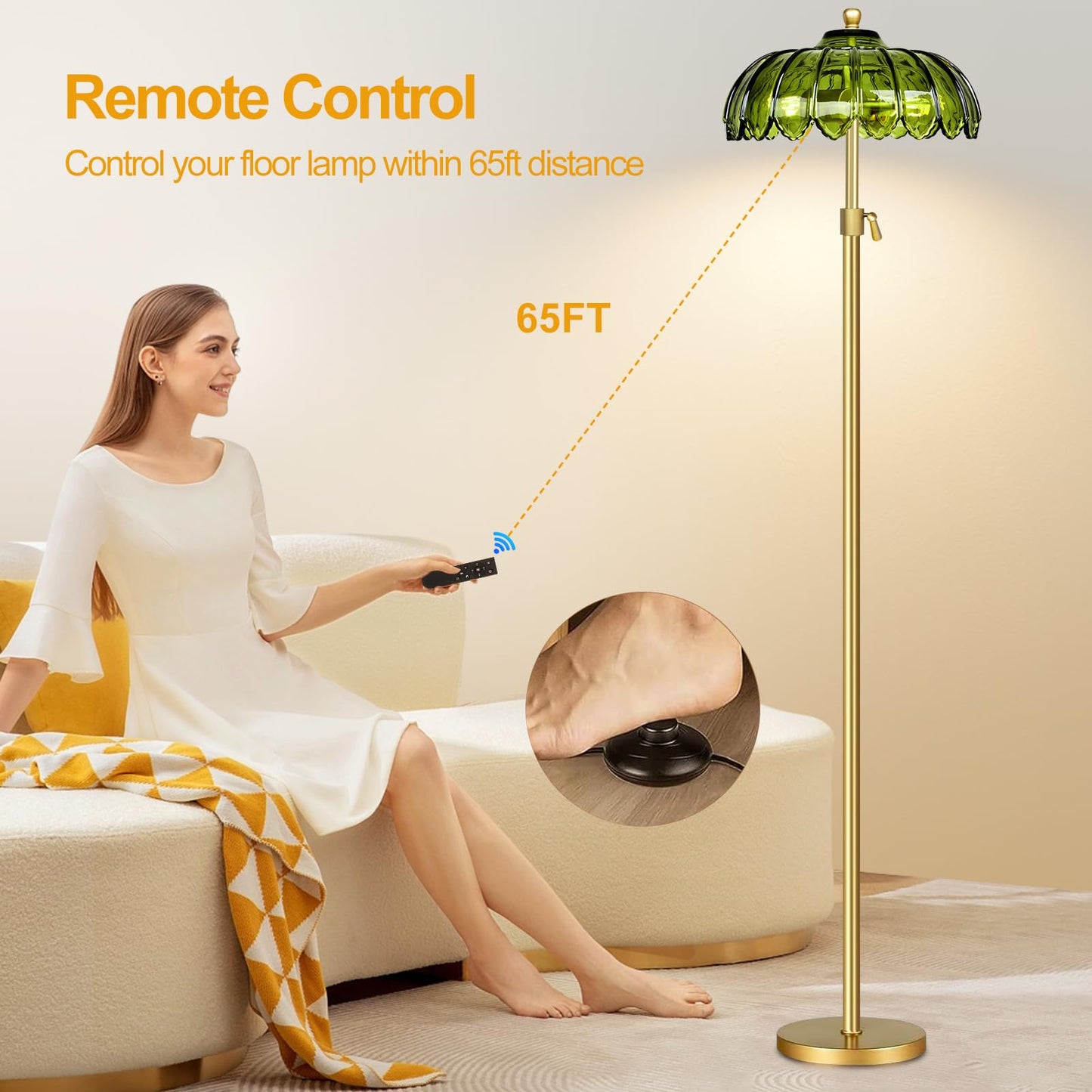 ZECOXOL Vintage Floor Lamp with Remote Control, Brass Flower Design, 11.8 inch, Green, Model 001, Mid Century Modern