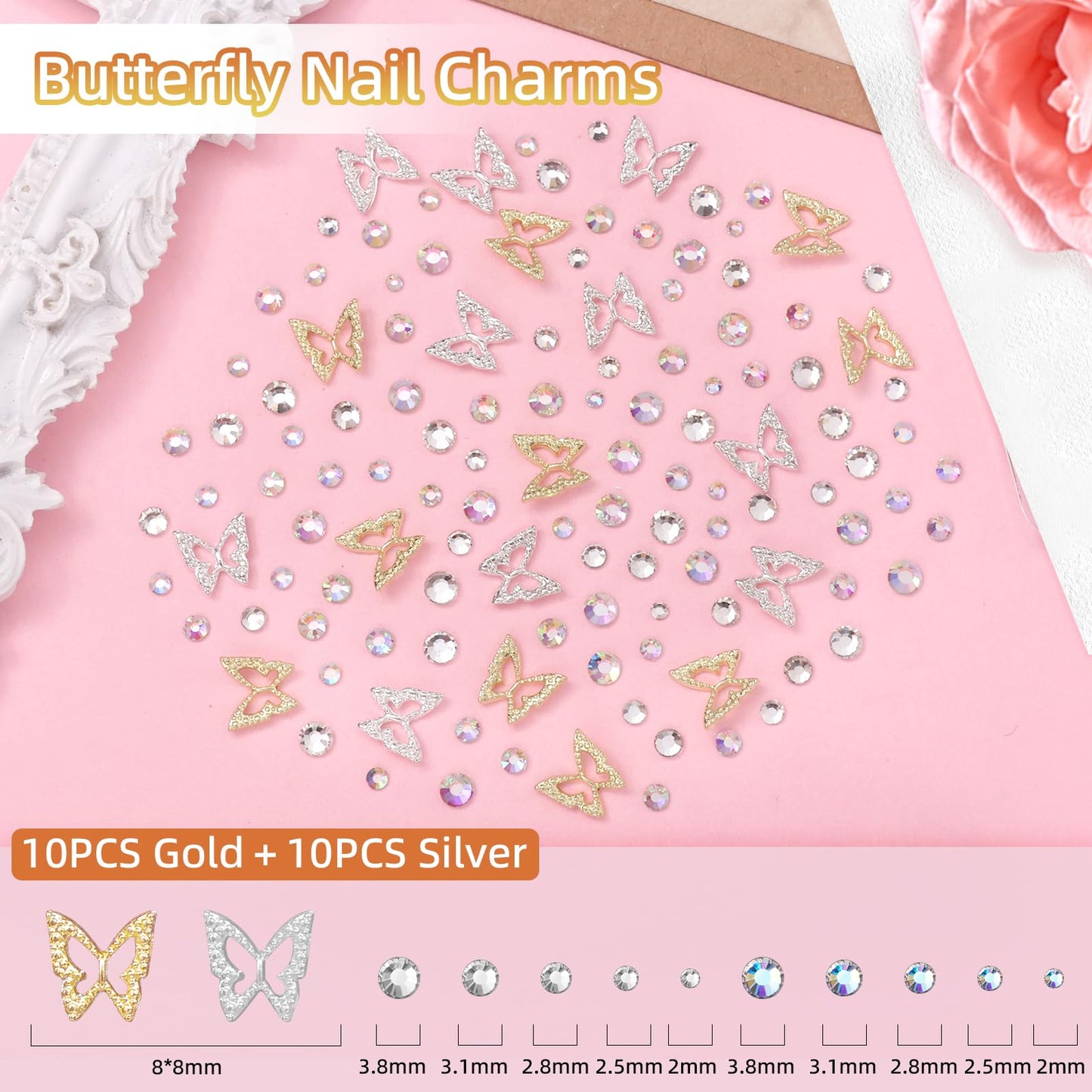 3D Flower Nail Charms and Gems, Color Tiny Flowers Nail Charms Metal Butterfly Nail Art Charms, Colorful Blossom Flowers Nail Ch