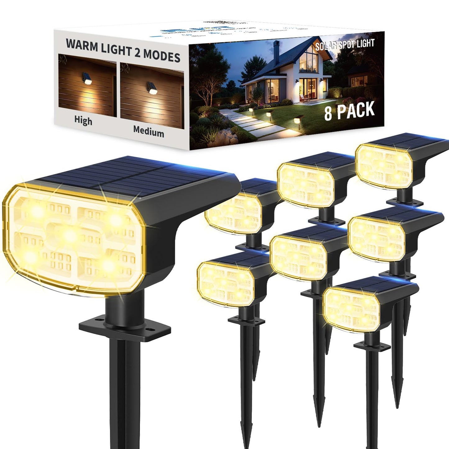 Jejot Solar Lights Outdoor Waterproof Ip65  Super Bright Led  3000K 2 Lighting Modes  Solar Powered Yard Garden Solar Spot Lights For Outside Landscape Auto On/Off -8 Pack