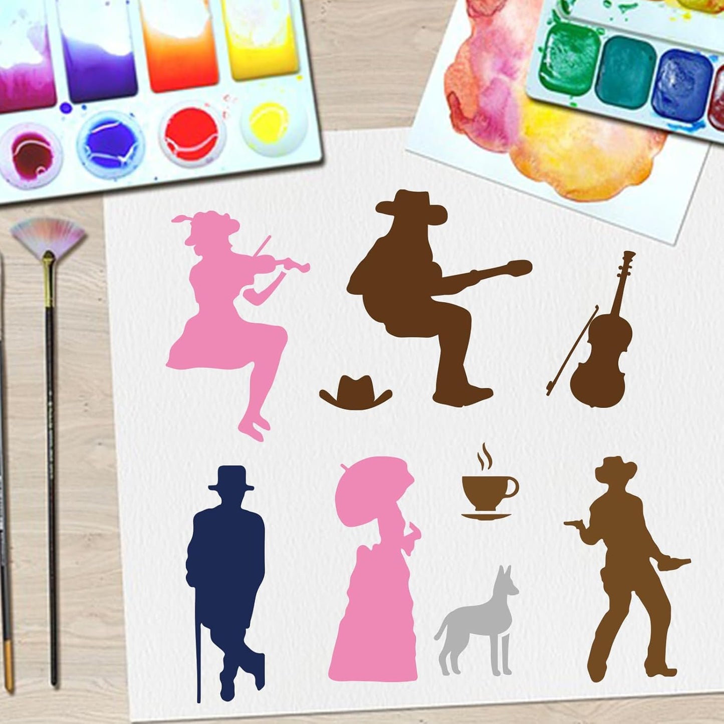 MAYJOYDIY 6pcs Cowboy Lady Stencil 6×6inch Vintage Elegant Ladies Gentleman Playing The Violin Cello Dancing Stencil Western Theme Drawing Template with Paint Brush on Wood Tile Paper Fabric Floor