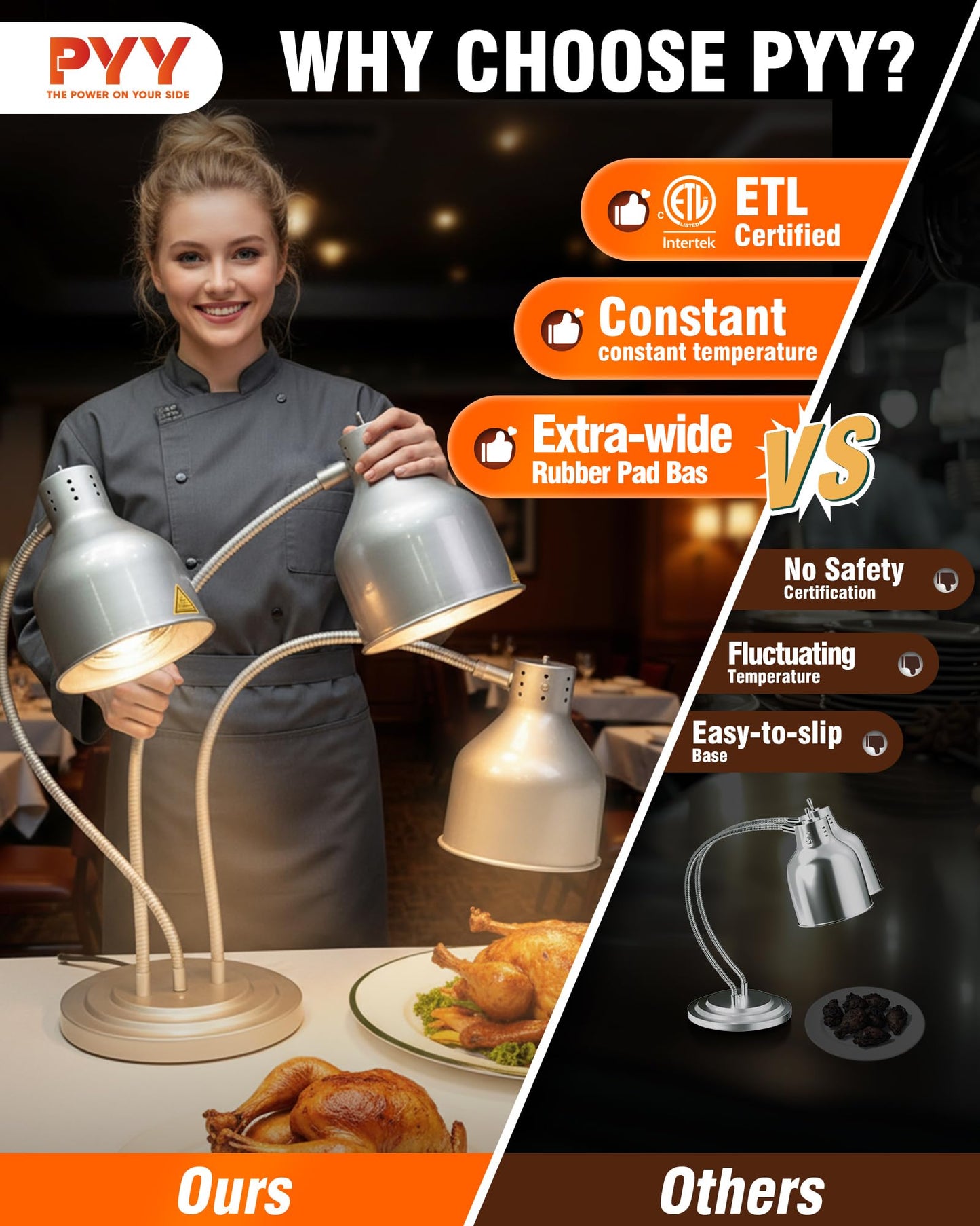 PYY Food Heat Lamp - 750W Steady Heating Commercial Food Warmer Lamp, 3 Bulbs Included, Heavy Base for Stability & Stainless Steel Build, 17.3 lbs Ideal for Catering, Restaurant, Buffet, (3-Head)