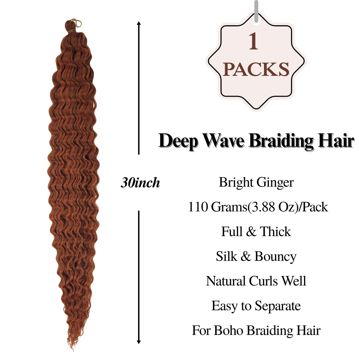 Bright Ginger Boho Braiding Hair Curly Pre Stretched Knotless Braiding Hair for Boho Braids(30 inch, Packs of 4)