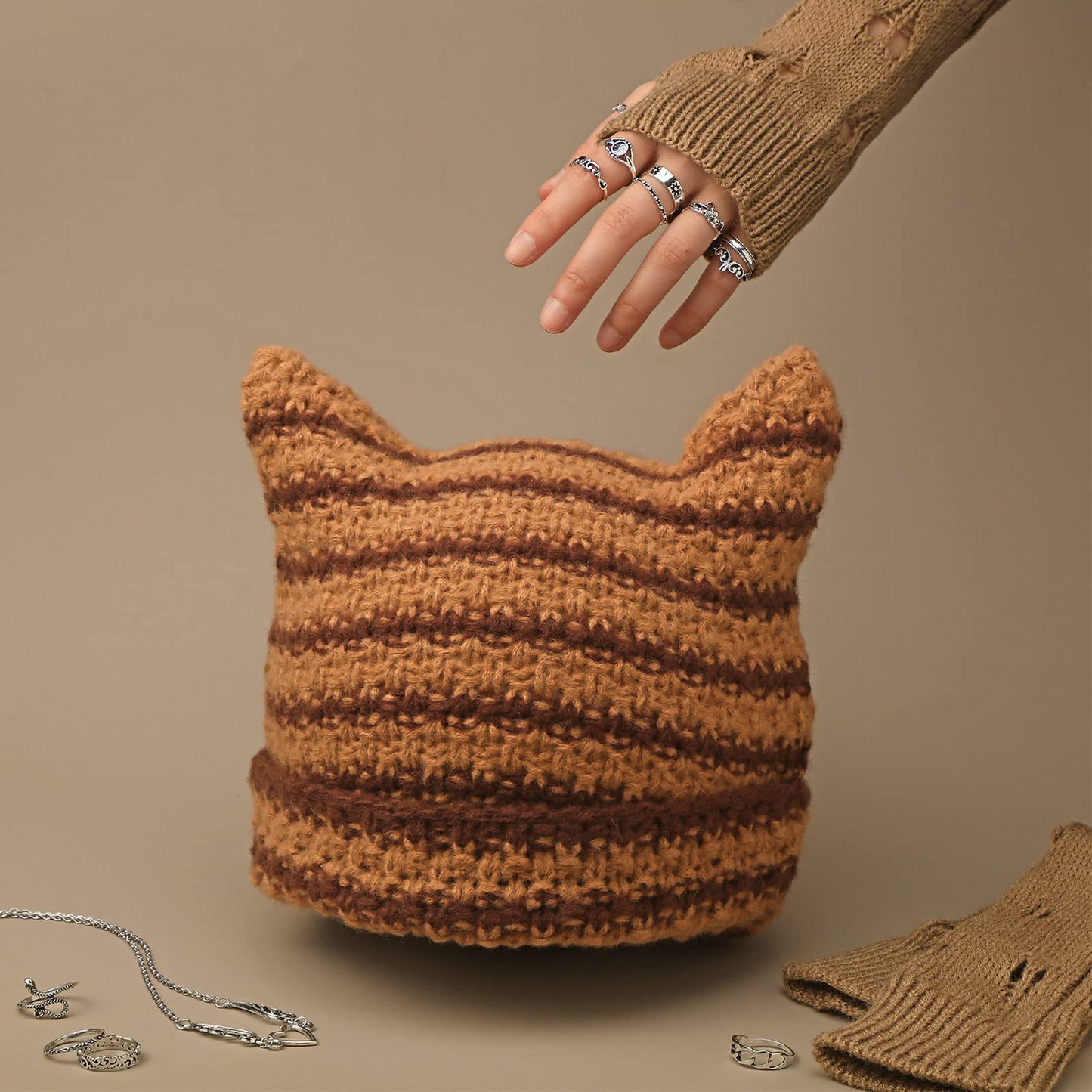 Sureio 25 Pcs Y2k Grunge Knitted Cat Beanie with Fairy Grunge Ripped Gloves Earrings Necklace Rings Monster Horn Accessories(Brown)