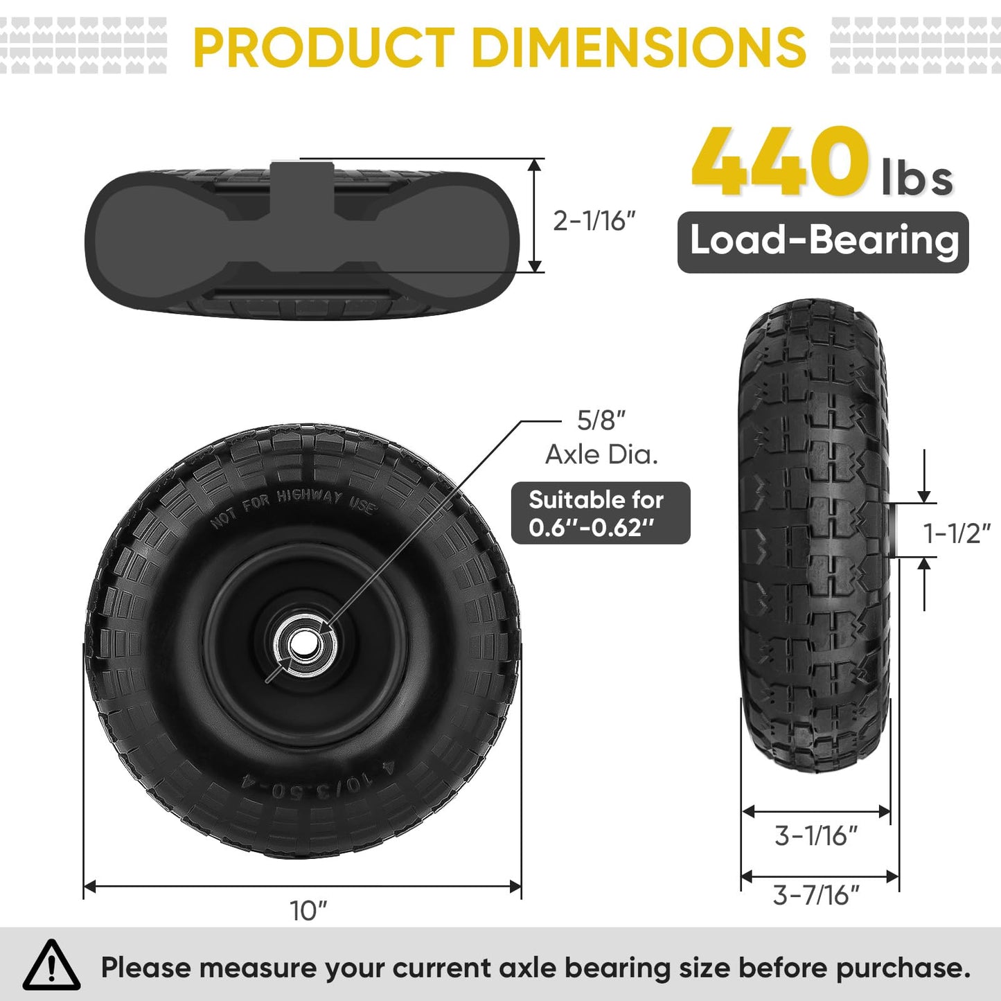 TICONN 10" Solid Tires, 2 Pack Flat Free 4.10/3.50-4'' Wheels with 5/8” Axle Bore Hole and Double Sealed Bearings (Black, 2PK)