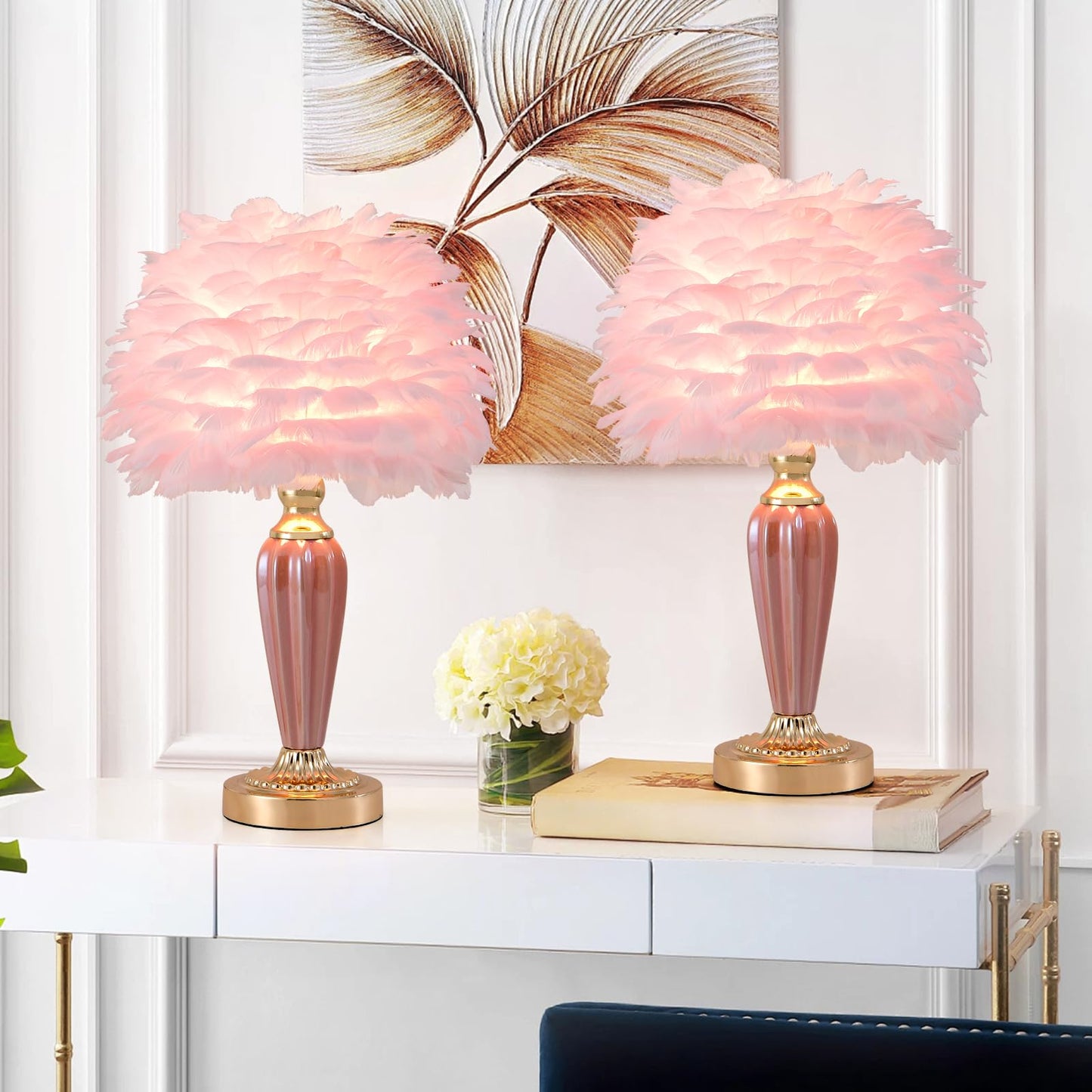 Zyleisenbao Pink Feather Lamp Creative Bedside Lamp Feather Table Lamp Cute Furry Goose Nightstand Light For Girl Bedroom Wedding Decor Living Room Hotel Office Valentines Dating Gift