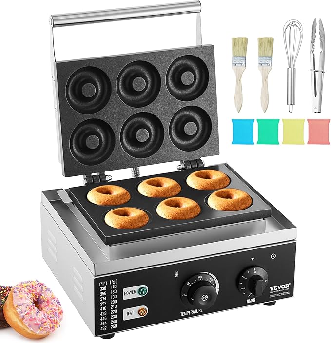 VEVOR Electric Donut Maker, 1550W Commercial Doughnut Machine with Non-stick Surface, 6 Holes Double-Sided Heating Waffle Machine Makes 6 Doughnuts, Temperature 122-572℉, for Restaurant and Home Use