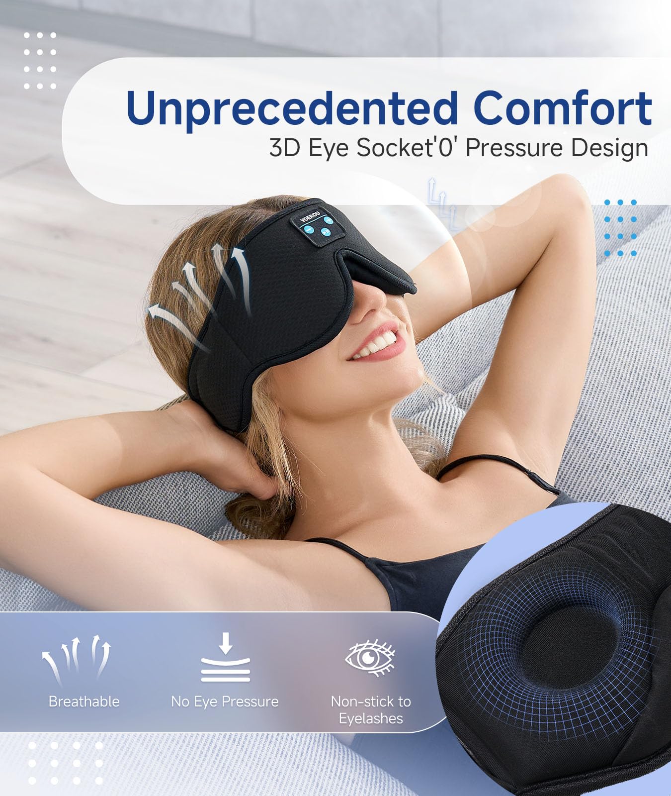 Voerou Sleep Headphones, 3D Bluetooth 5.4 Sleep Mask Wireless Eye Mask, Sleeping Mask with Bluetooth Headphones for Side Sleepers with Ultra-Thin Speakers, Perfect for Sleeping Travel Christmas Gifts