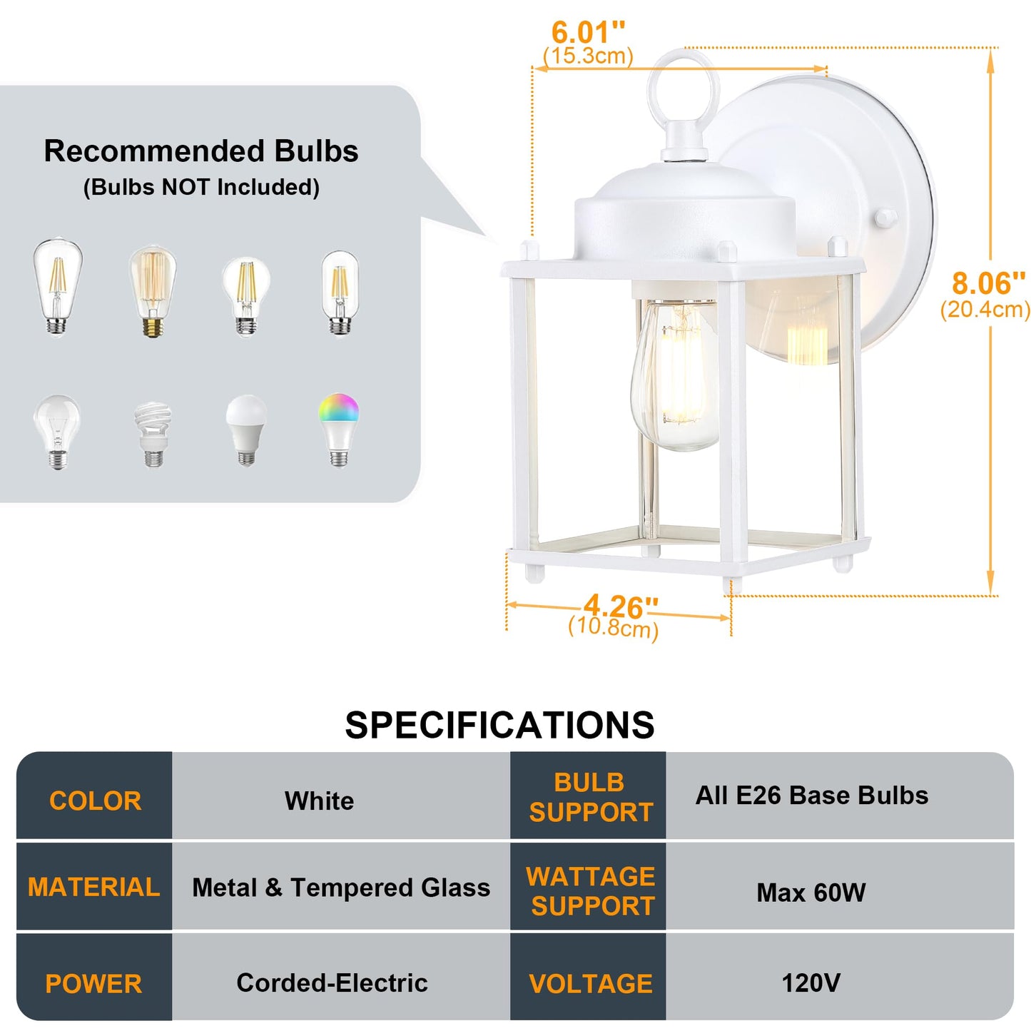Gruenlich Outdoor Wall Sconce  Exterior Wall Lighting Fixtures With Clear Glass  Front Porch Lighting  Anti-Rust Outside Lights For Patio  Doorway  White  2 Pack