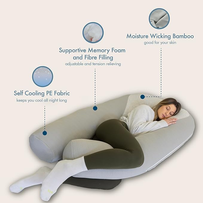 Plufl Hugl Extra Large Cooling Body Pillow for Adults U Shaped Maternity Pillow Great for Side Sleepers & Pregnant Women | Washable Cover | Grey