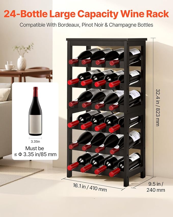 VEVOR 24 Bottle Wine Rack, 6-Tier, Freestanding Floor Display Wine Storage Shelves with Table Top, Easy Assembly Rack Shelf, Premium Material, for Kitchen Cellar Bar Dining Room Living Room, Black