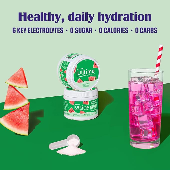 Ultima Replenisher Daily Electrolyte Powder Drink Mix – Sugar Free – Watermelon, 30 Servings – Hydration Powder with 6 Key Electrolytes and Trace Minerals – Keto Friendly, Vegan, Non-GMO
