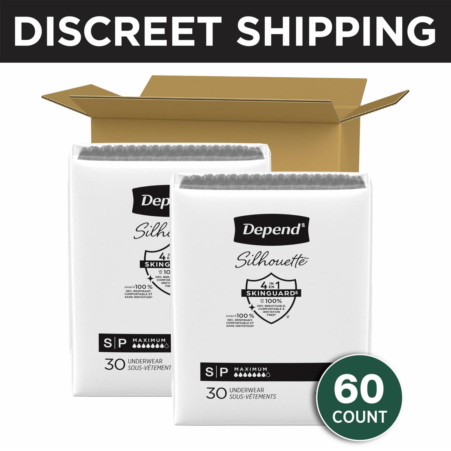 Depend Silhouette Adult Diapers, Incontinence & Postpartum Bladder Leak Underwear for Women, Maximum Absorbency, Small, Black, 60 Count (2 Packs of 30), Packaging May Vary