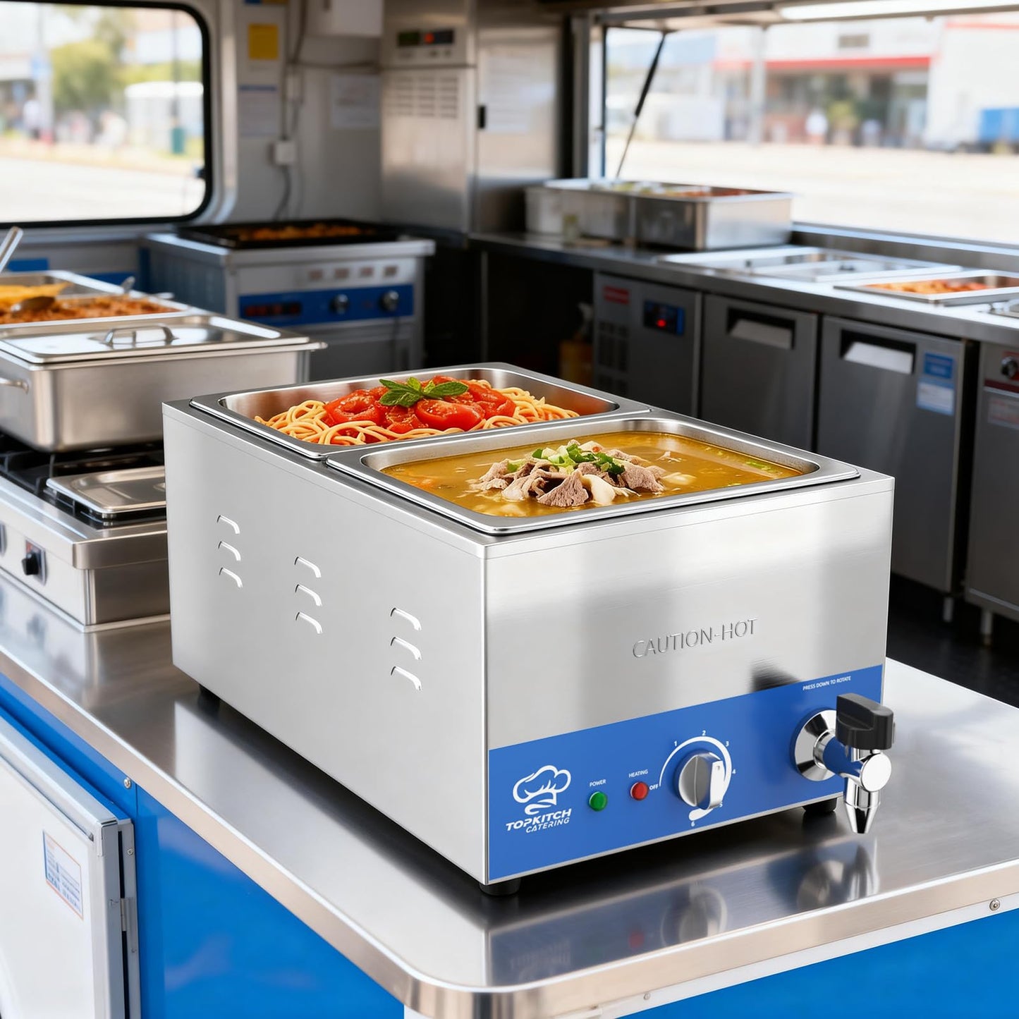 TOPKITCH 2-Pan Commercial Food Warmer with Non-Leakage Stretch-Forming Water Tank &2 of 1/2 Size GN Pan,Countertop Soup Station Bain Marie with Drain Tap for Buffet,Catering,Parties and Restaurants