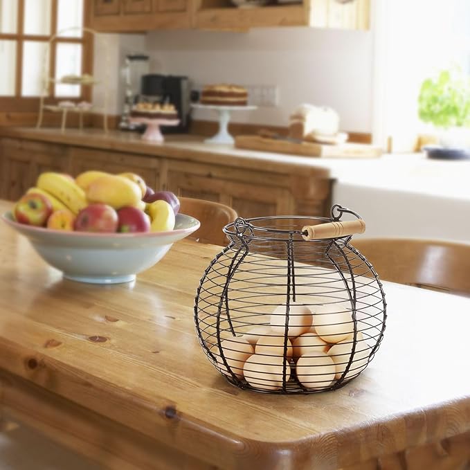 Flexzion Chicken Egg Basket Wire Egg Holder with Wooden Handles for Egg, Fruits, Vegetables Storage, Display Metal Mesh, Basket Holder Countertop for Farmhouse Rustic Kitchen Counter Organizer, Black