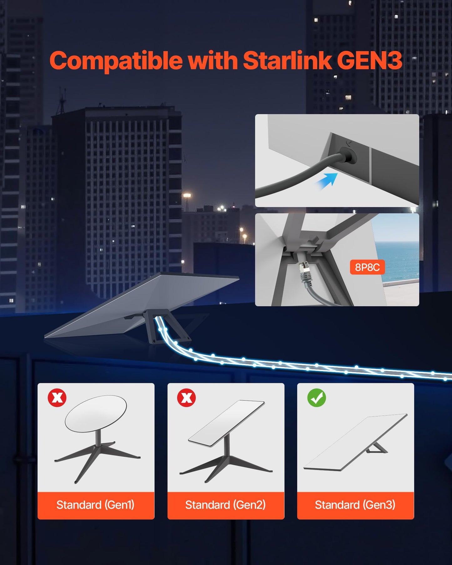 Vevor Starlink Gen 3 Cable, 100 Ft, 24 Awg Copper Core, Durable Extension Cable For Standard Generation 3, Compatible With Starl