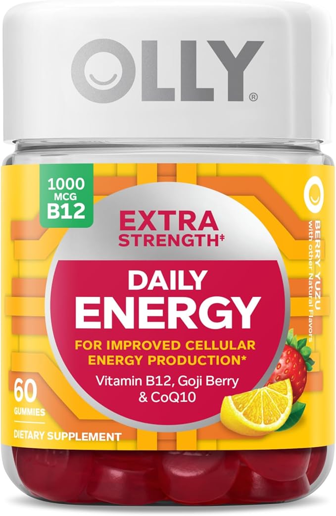 OLLY Men's Multivitamin Gummy, Overall Health and Immune Support, Vitamins A, C, D, E, B, Lycopene & Extra Strength Daily Energy Gummy, Caffeine Free, 1000mcg Vitamin B12, CoQ10, Goji Berry