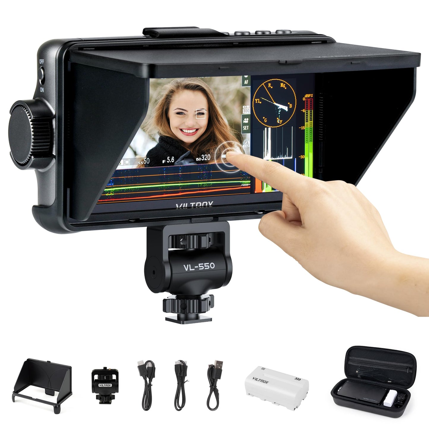 Viltrox Dc-550 Pro Touchscreen Camera Field Monitor 4K Hdmi (5.5 Inch) Dslr Camera Monitor With Battery Sunshade Hood 3D Lut Pea